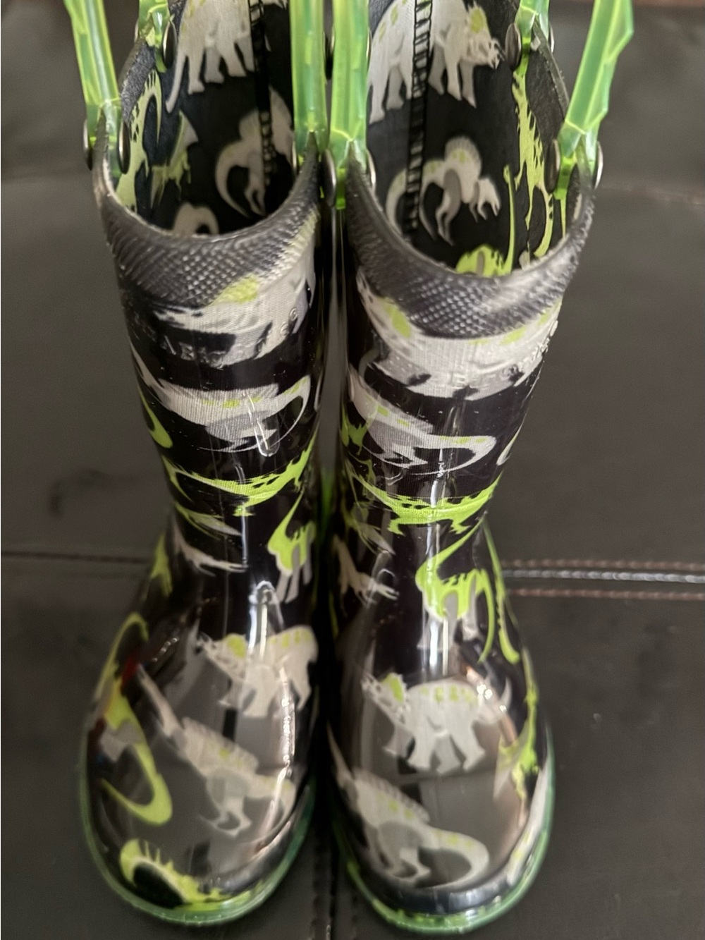 Western Chief Black and Neon Green Kids Dinosaur Rain Boots